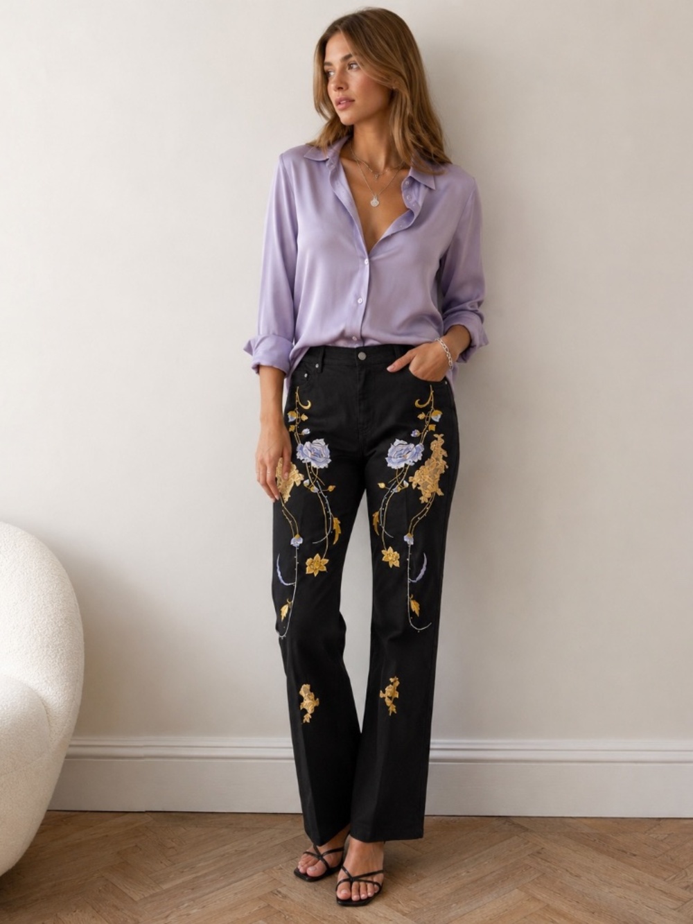 Whimsigoth Fairycore Boho-Chic Black Floral Embroidered Lana Erica Pants, Sz 10